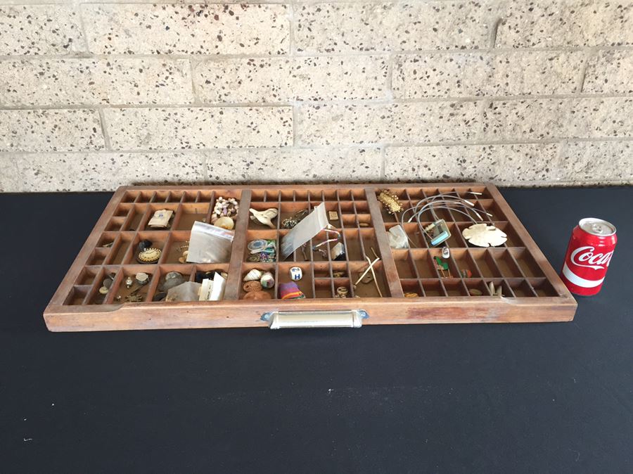 Old Industrial Printers Tray Great For Displaying Items - Filled With Goodies