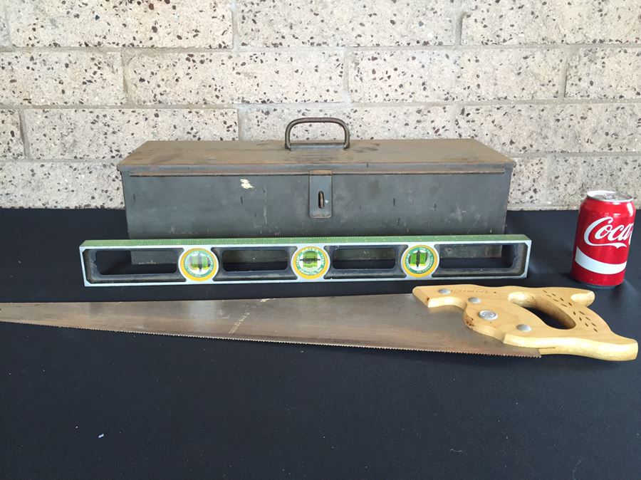 Vintage Metal Toolbox Filled With Tools, Saw & Level [Photo 1]