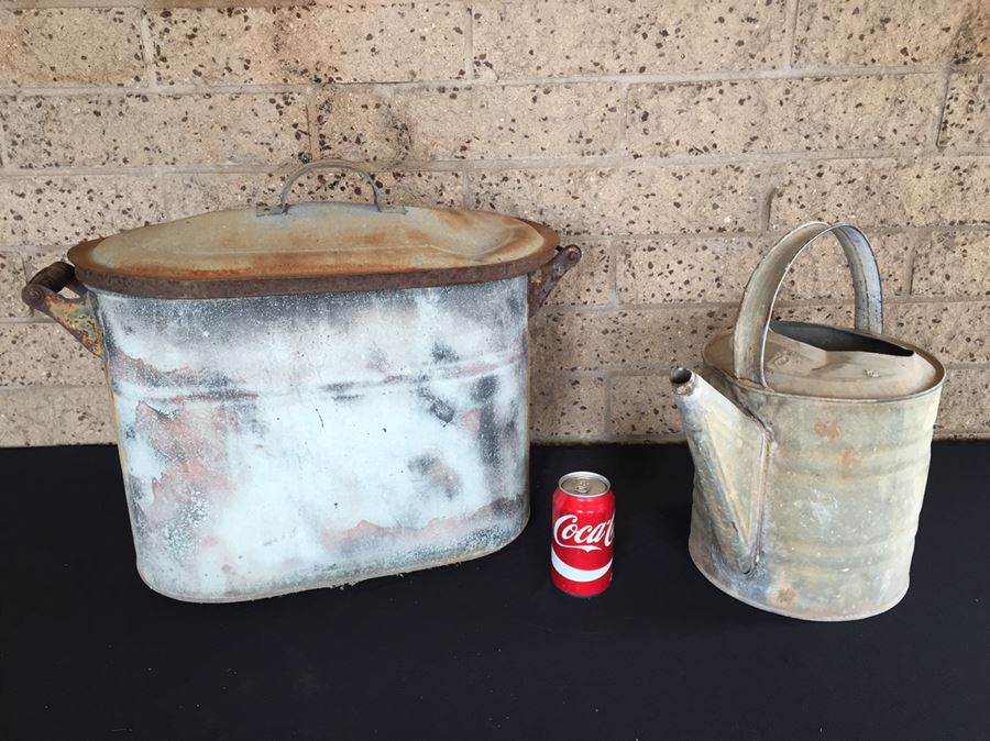 Vintage Galvanized Watering Can And Bucket With Lid