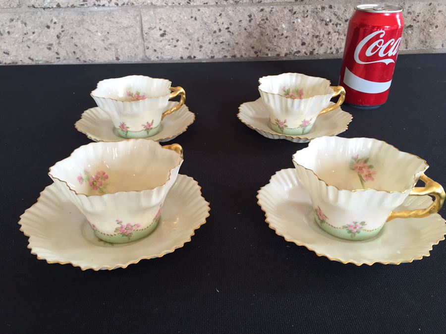Vintage Hand Painted Belleek Ireland Cups And Saucers