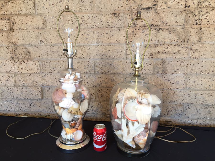 Pair Of Clear Glass Lamps Filled With Seashells