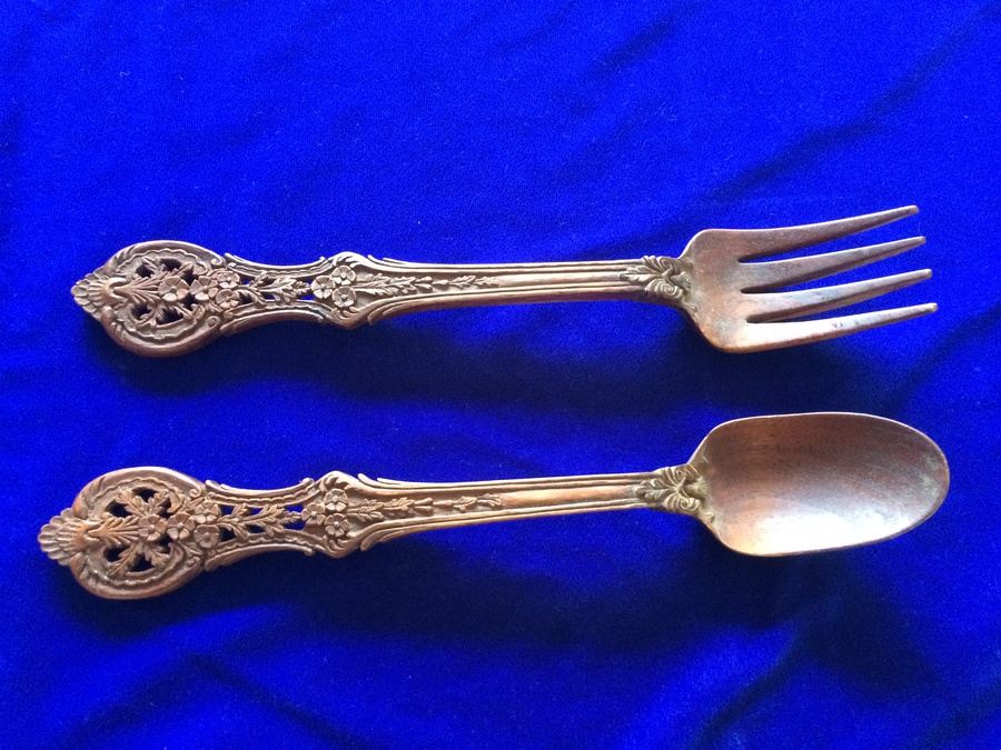Hand Carved Wooden Salad Fork and Spoon Set - Matches Sterling Primrose Pattern Lot [Photo 1]