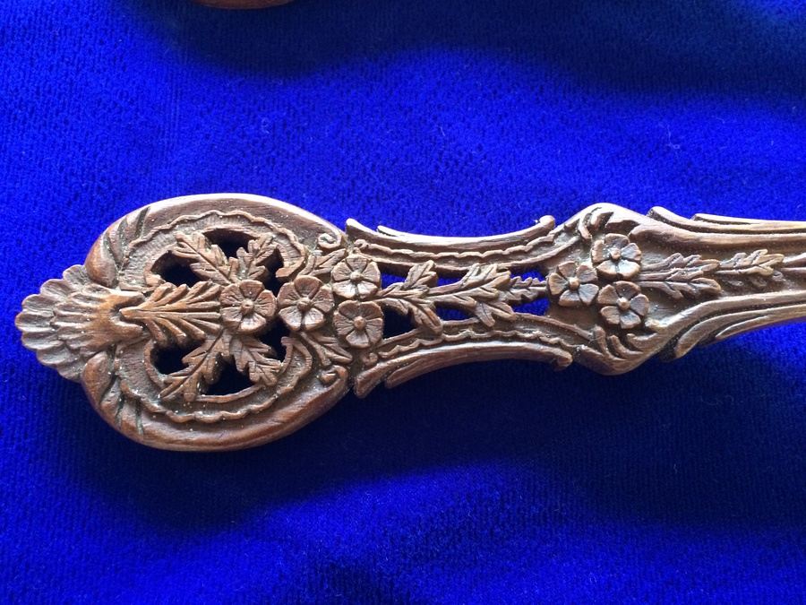 Hand Carved Wooden Salad Fork and Spoon Set - Matches Sterling Primrose Pattern Lot [Photo 2]