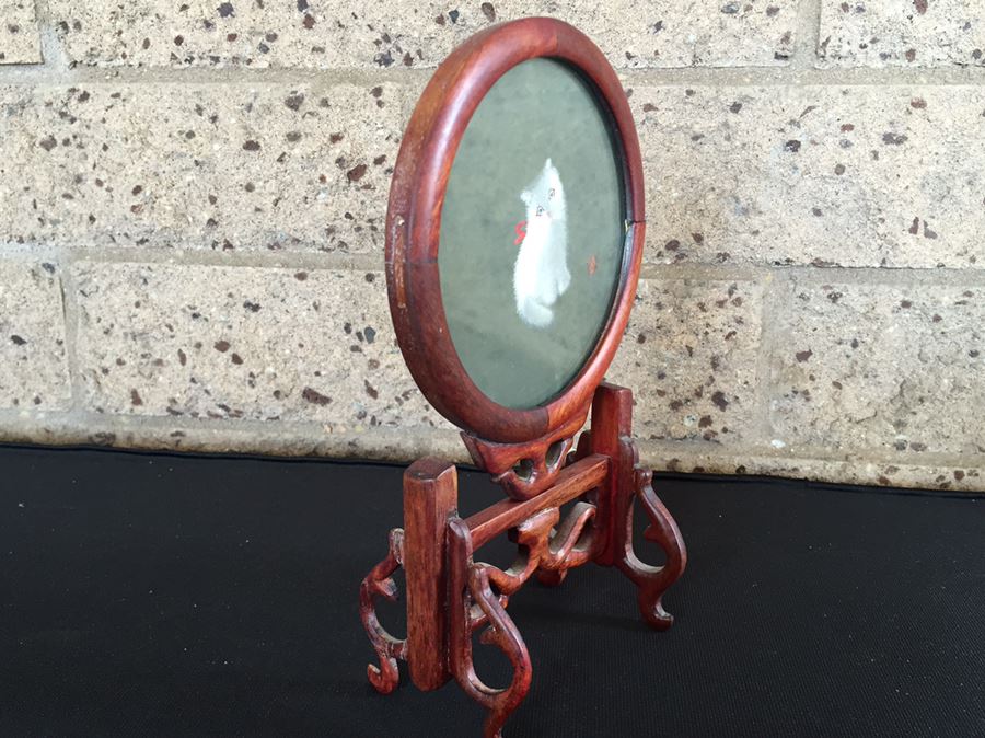 Signed Vintage Chinese Cat Silk Embroidery Displayed In Nice Rosewood Stand [Photo 3]