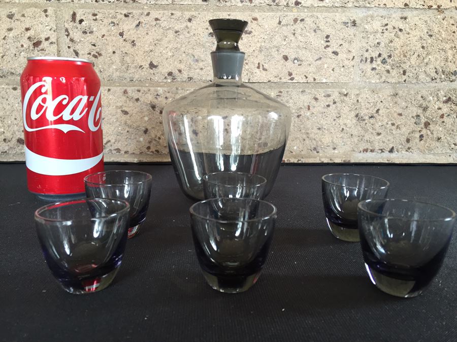 Vintage Mid-Century Smoked Glass Decanter And Cups