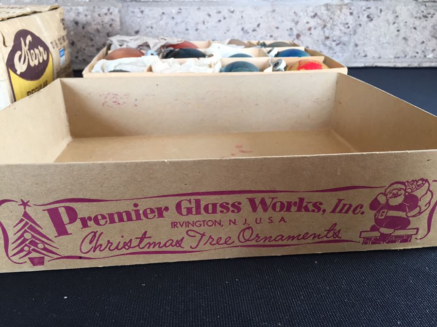 Two Boxes Of Vintage Glass Ornaments Premier Glass Works & Germany