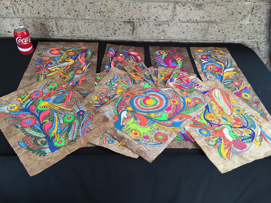 Large Collection Of Vintage Papel Amate Painted Bark Paper Paintings Colorful