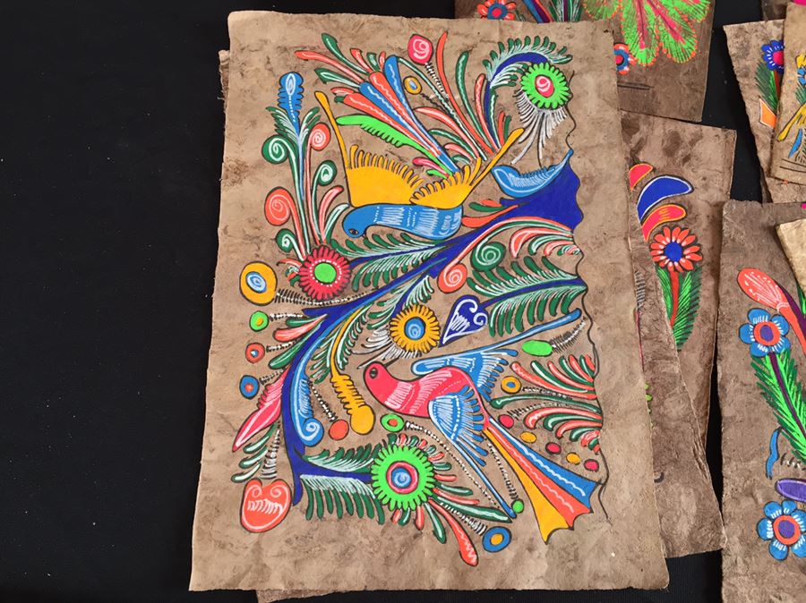 Large Collection Of Vintage Papel Amate Painted Bark Paper Paintings Colorful [Photo 6]