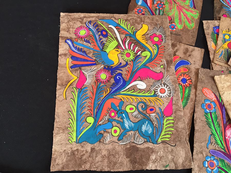 Large Collection Of Vintage Papel Amate Painted Bark Paper Paintings Colorful [Photo 7]