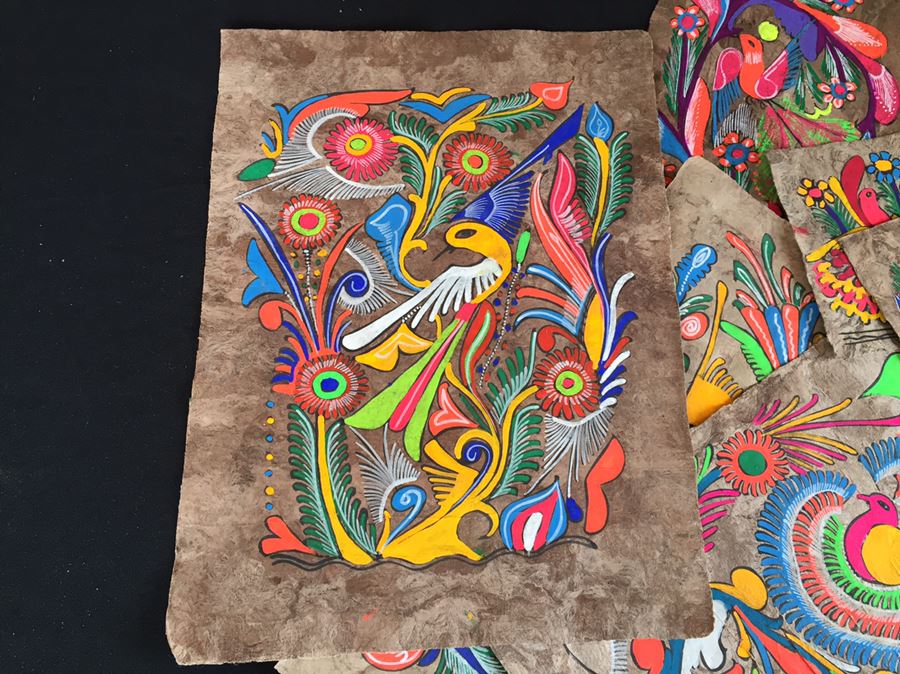 Large Collection Of Vintage Papel Amate Painted Bark Paper Paintings Colorful [Photo 3]