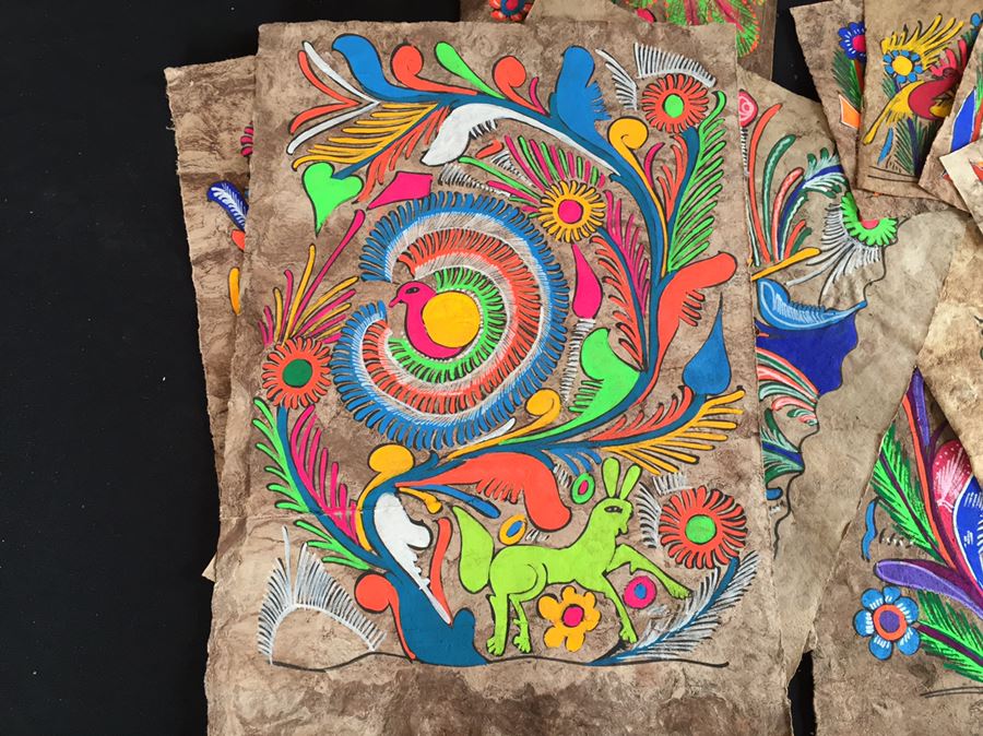Large Collection Of Vintage Papel Amate Painted Bark Paper Paintings Colorful [Photo 4]
