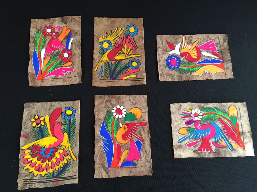 Large Collection Of Vintage Papel Amate Painted Bark Paper Paintings Colorful [Photo 14]