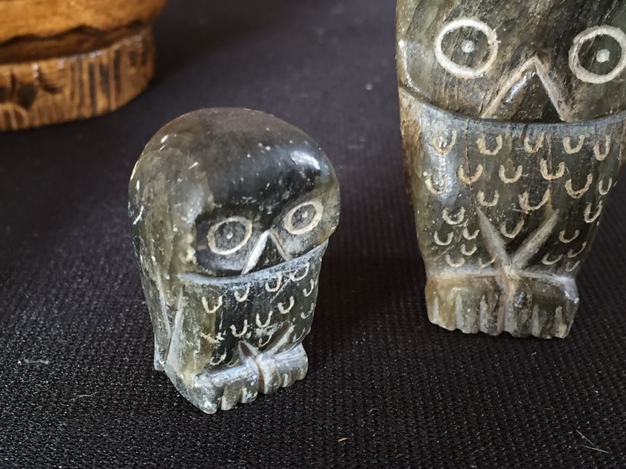 Collection Of Owls Including A Pair Of Alaskan Inuit Carved Soapstone Figures Signed Kenock [Photo 6]