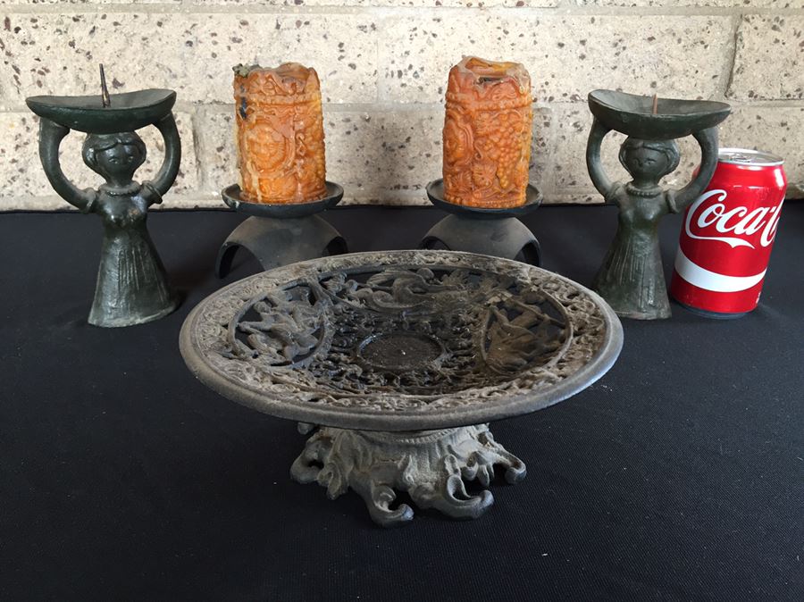 Various Metal Candle Holders And Ornate Footed Bowl