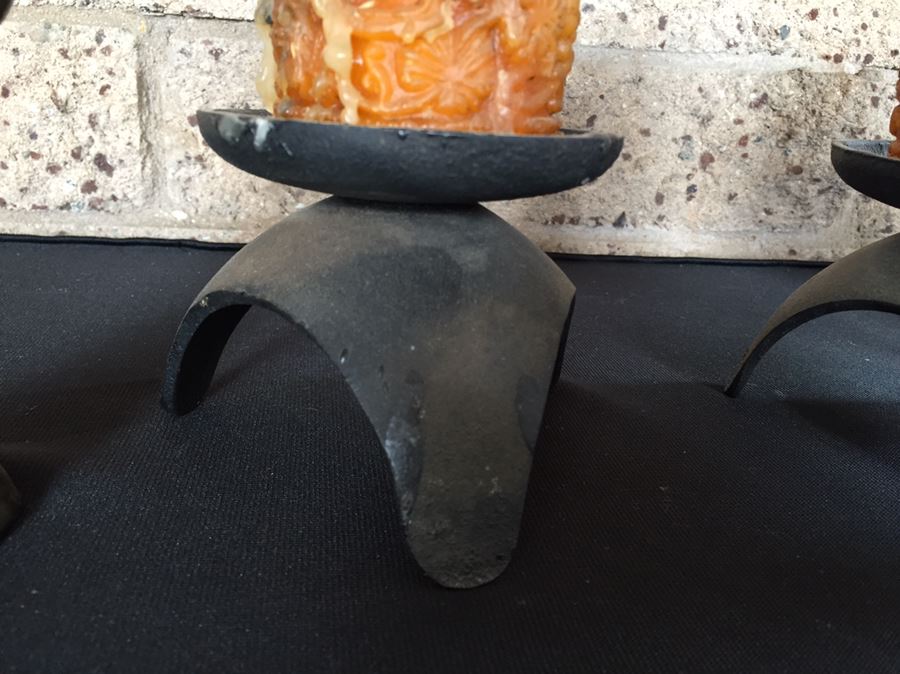 Various Metal Candle Holders And Ornate Footed Bowl