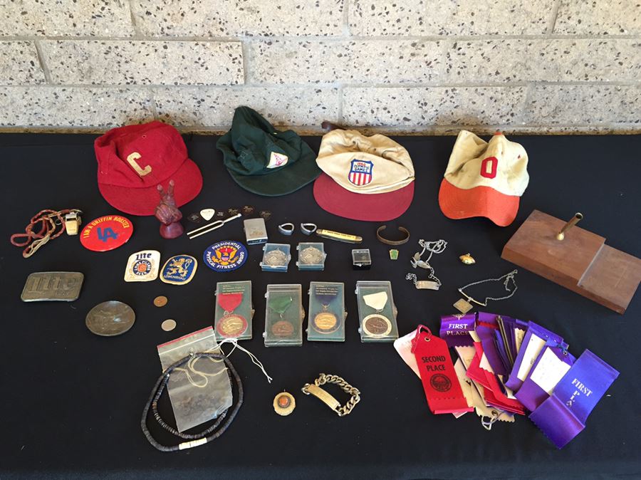 Men's Keepsake Lot Includes Various Metals, Ribbons, Beer Patches And Belt Buckles, Zippo Lighter, Bracelets And More [Photo 1]