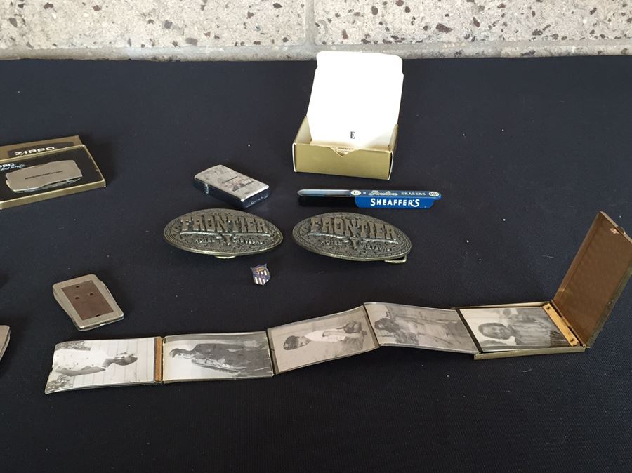 Interesting Men's Dresser Drawer Lot With Zippo Lighter, Pair Of Brass Frontier Casino Las Vegas Belt Buckles And Other Items [Photo 12]