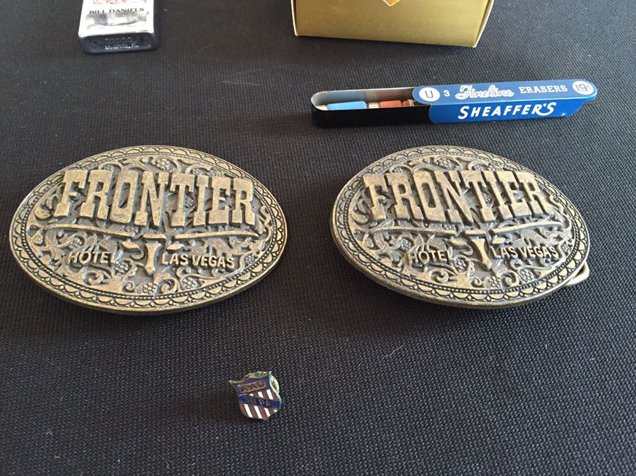 Interesting Men's Dresser Drawer Lot With Zippo Lighter, Pair Of Brass Frontier Casino Las Vegas Belt Buckles And Other Items [Photo 2]