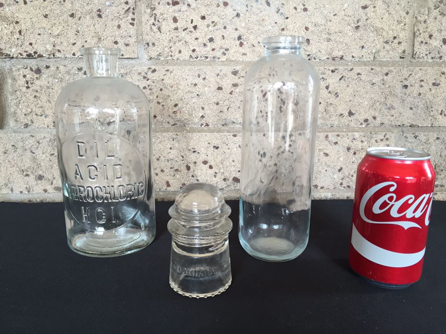 Vintage Glass Lot Featuring A Hydrochloric Acid Bottle And Glass Insulator [Photo 1]