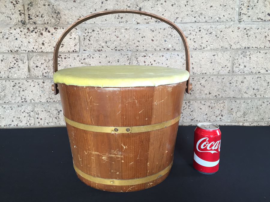 Vintage Wooden Storage Bucket With Lid And Handle
