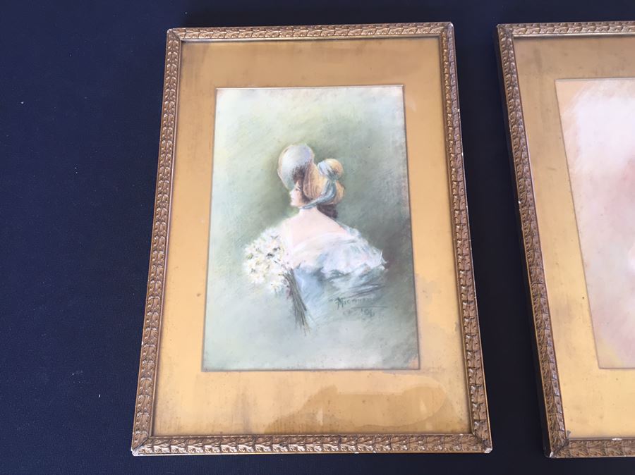 Pair Of Vintage Framed 1906 Original Pastel Paintings Of Women Signed Gorman [Photo 4]
