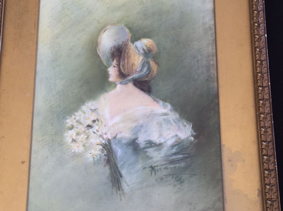 Pair Of Vintage Framed 1906 Original Pastel Paintings Of Women Signed Gorman [Photo 2]