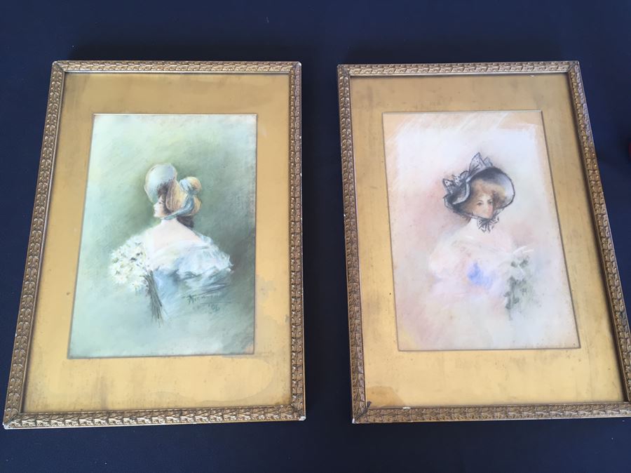 Pair Of Vintage Framed 1906 Original Pastel Paintings Of Women Signed Gorman