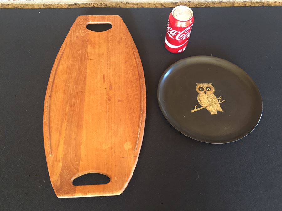 Mid-Century Dansk Teak Tray And Vintage Couroc Owl Tray
