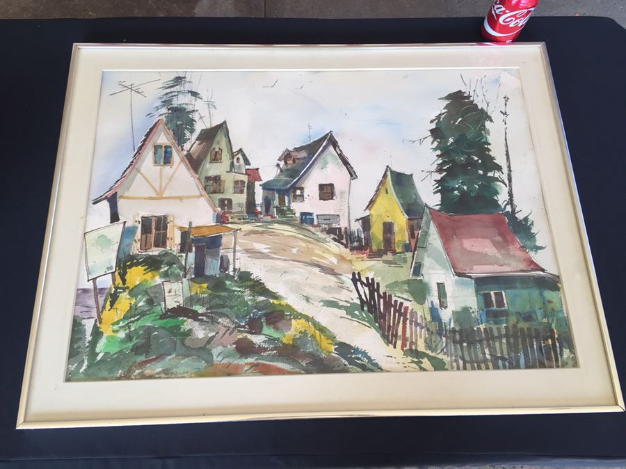 Local Historical Original Watercolor Painting Signed Lower Right By Vern Allen Of P.C.H. & La Costa Ave AKA Hippie Houses [Photo 1]