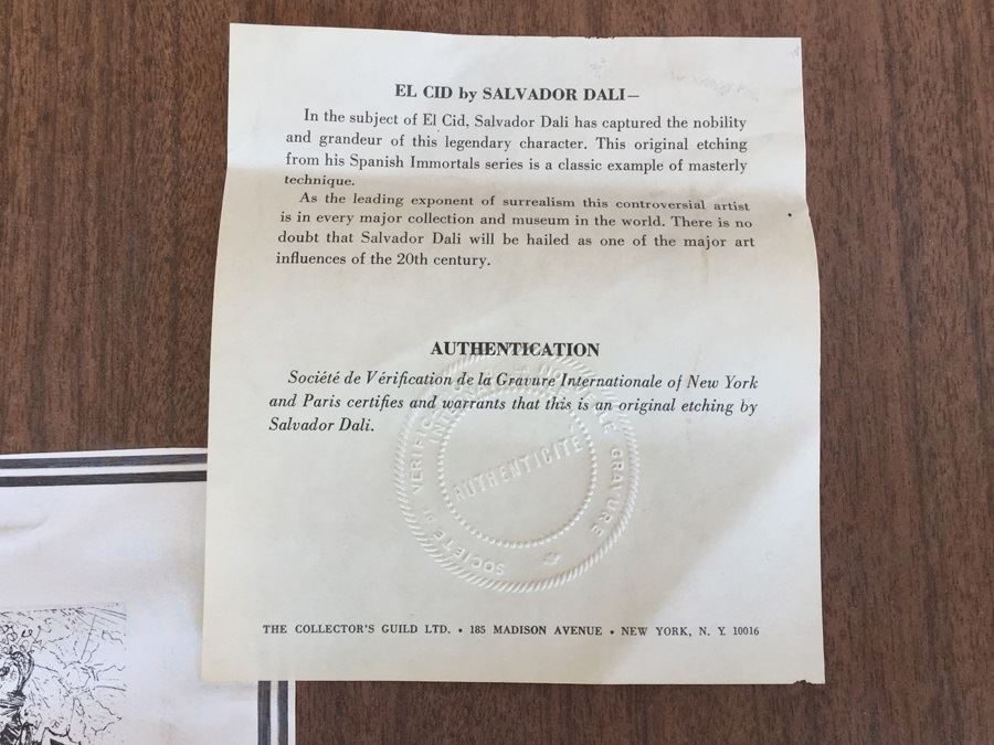 Salvador Dali Original Etching Titled 'El Cid' With Certificate Of Authenticity [Photo 4]