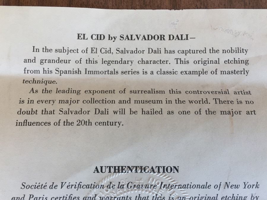Salvador Dali Original Etching Titled 'El Cid' With Certificate Of Authenticity [Photo 10]