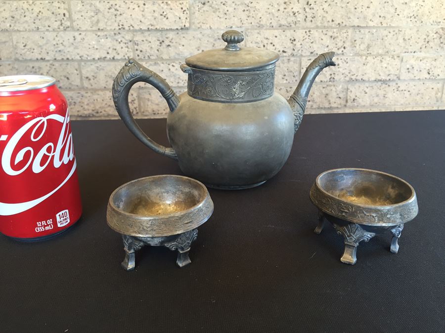 Two Stunning Silverplate Simpson Hall Miller Footed Dishes And Teapot With Separated Lid [Photo 1]