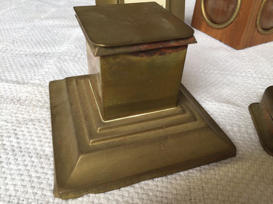 Vintage Bradley & Hubbard Brass Desk Set Plus Wooden Photo Cube [Photo 2]