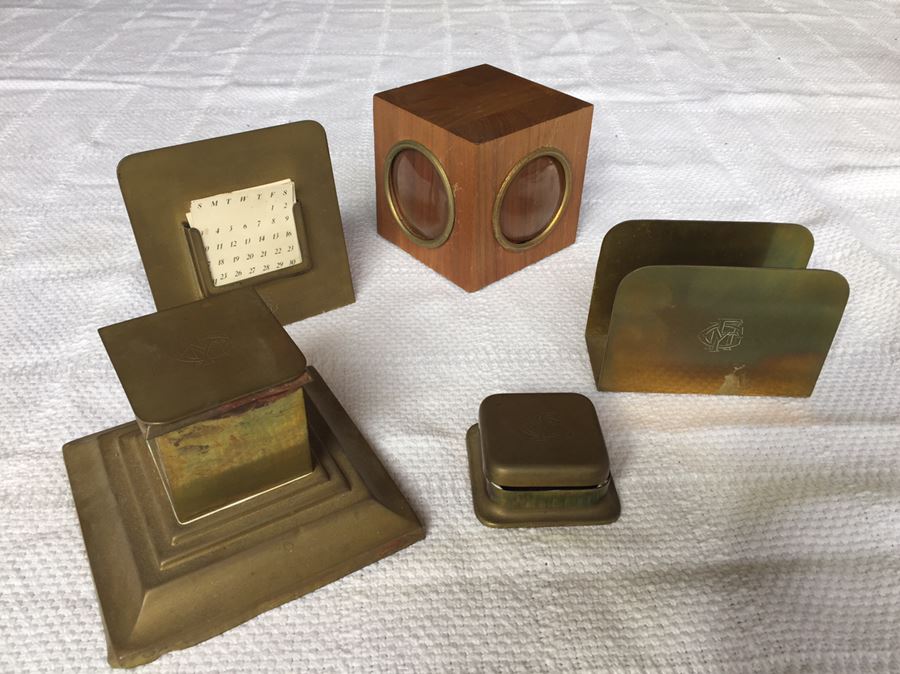 Vintage Bradley & Hubbard Brass Desk Set Plus Wooden Photo Cube [Photo 1]
