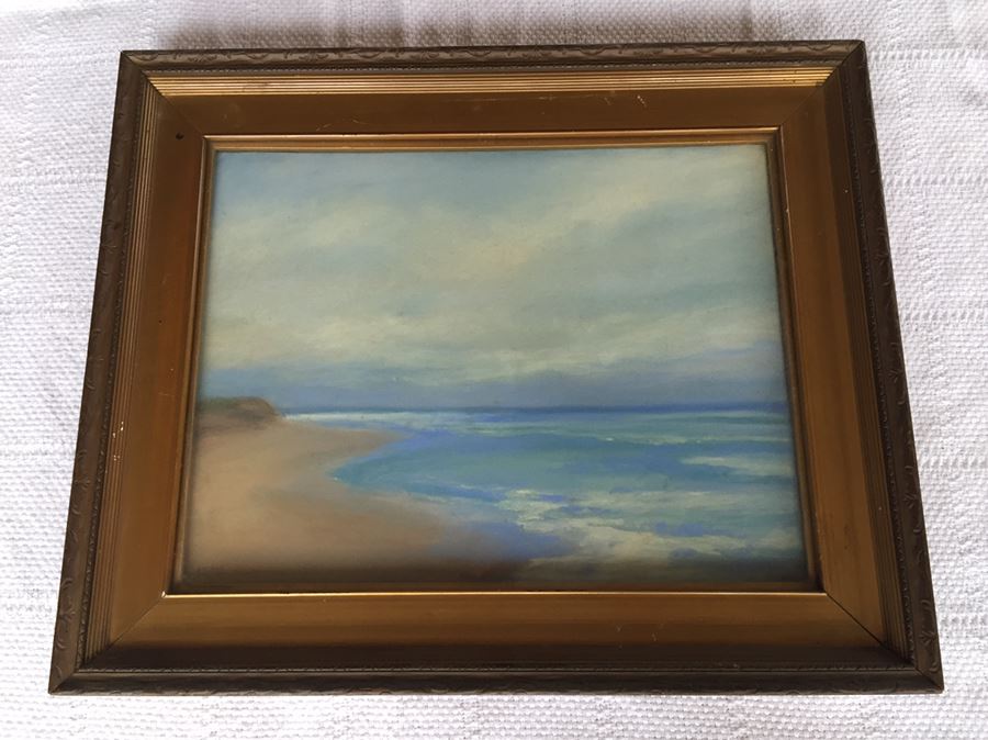 Well Executed Original Painting Beach Scene In Old Frame Signed Lower Left Artist Signature Unknown