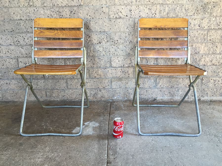 (2) Vintage Folding Metal And Wood Chairs [Photo 1]