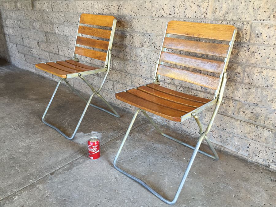(2) Vintage Folding Metal And Wood Chairs [Photo 2]