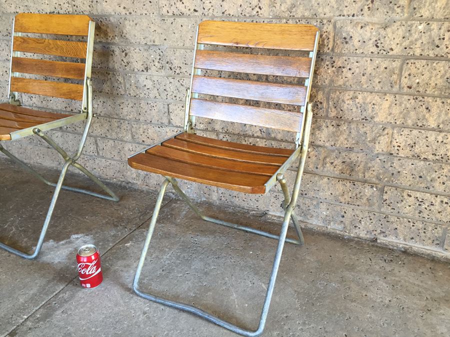 (2) Vintage Folding Metal And Wood Chairs [Photo 4]