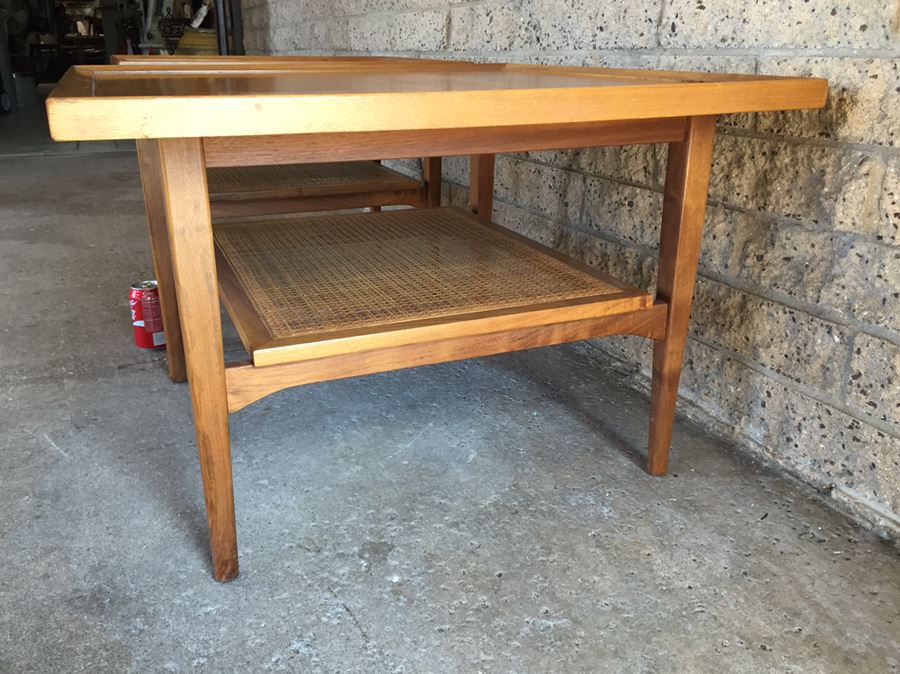 Pair Of Nice Mid-Century 1964 Side Tables By Drexel With Cane On Lower Shelf [Photo 9]