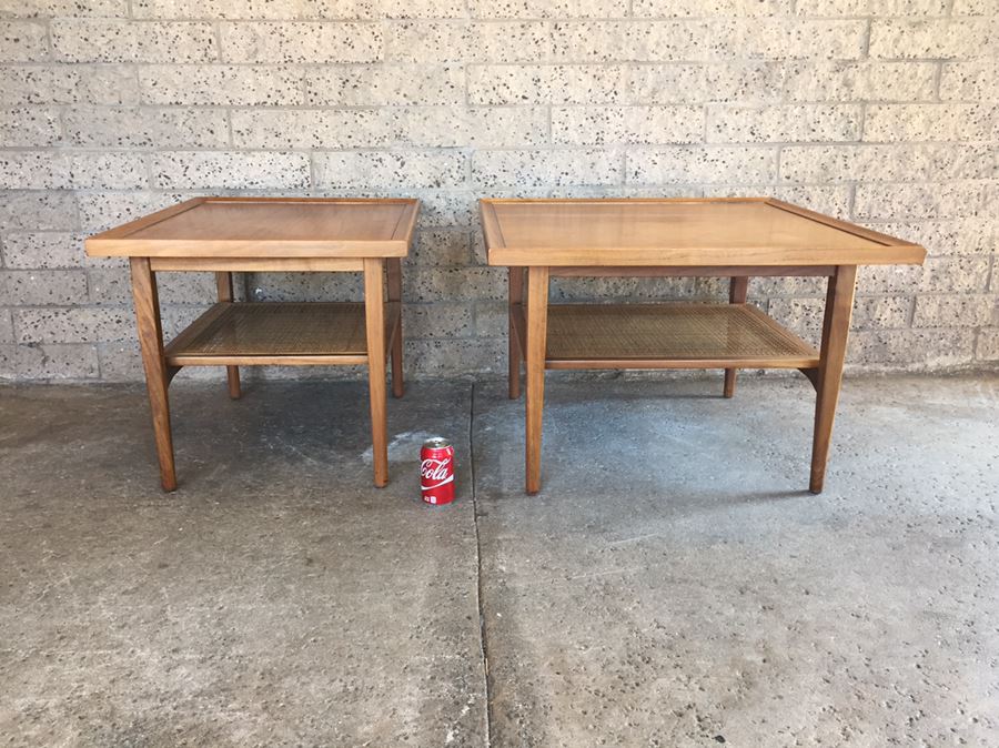 Pair Of Nice Mid-Century 1964 Side Tables By Drexel With Cane On Lower Shelf