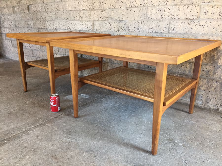 Pair Of Nice Mid-Century 1964 Side Tables By Drexel With Cane On Lower Shelf [Photo 6]