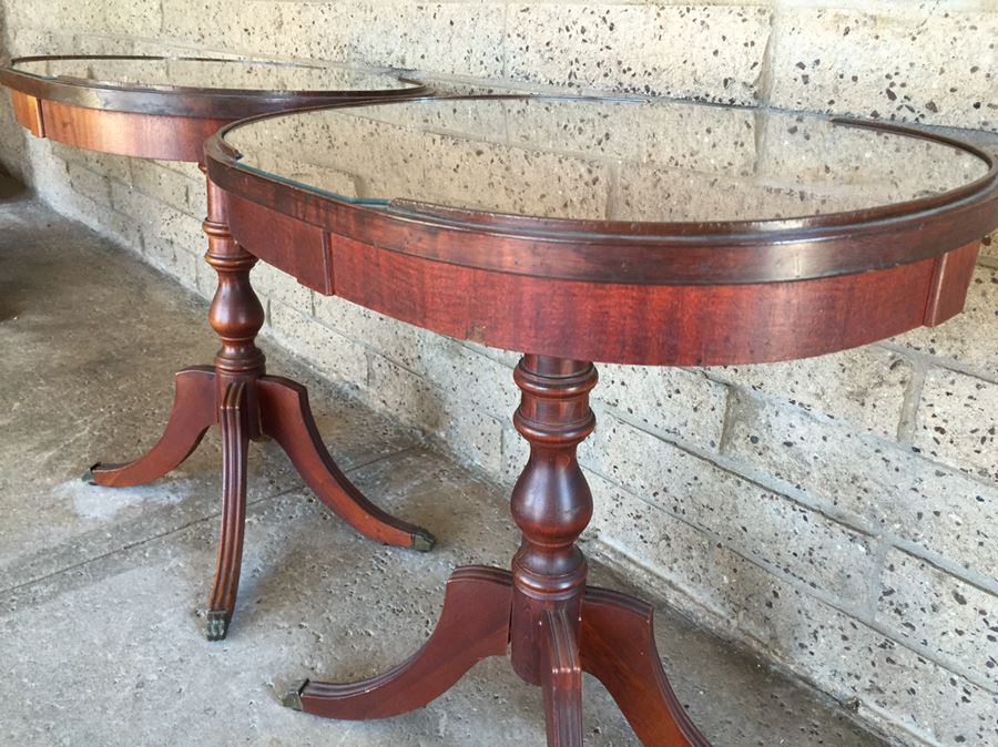 Pair Of Oval Top 4 Leg Tables With Protective Glass Tops And Brass Claw Feet [Photo 9]