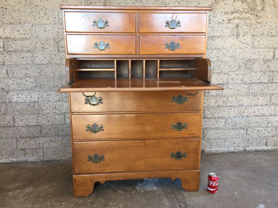 Vintage Maple Five Drawer Chest Of Drawers With Pull Out Desk