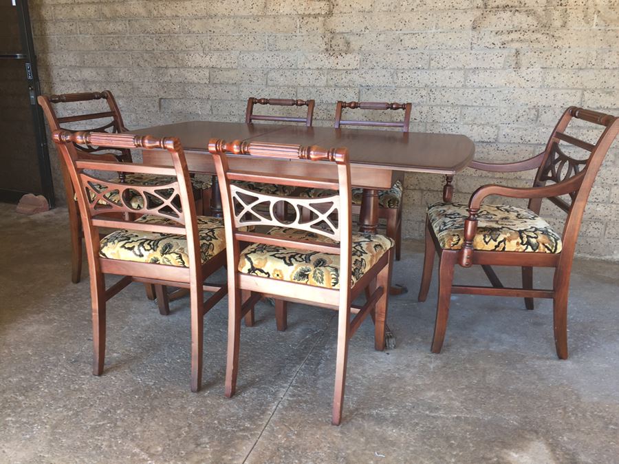 Stunning Wooden Dining Table With Built-In Leaf, Brass Claw Feet And Six Chairs [Photo 5]