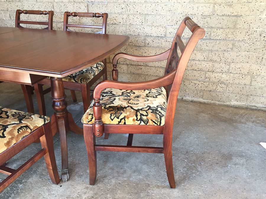 Stunning Wooden Dining Table With Built-In Leaf, Brass Claw Feet And Six Chairs [Photo 3]