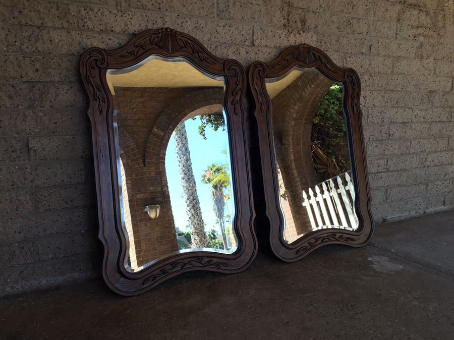 Pair Of Beveled Glass Wooden Mirrors