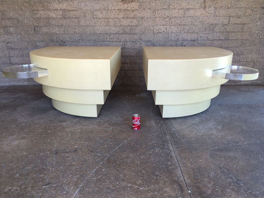 Unique Pair Of Mid-Century Tiered Tables With Lucite Trays