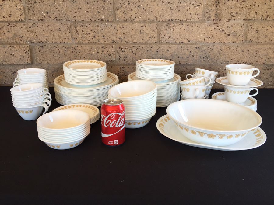 Huge Collection Of Vintage Corelle Butterfly Gold Pattern Plates, Cups And Bowls