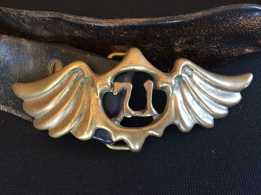 Vintage Brass Belt Buckle With Wings '71' And Leather Belt