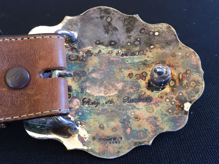 Crumrine Belt Buckle Engraved Indian Summer On Back With Justin Leather Belt [Photo 13]